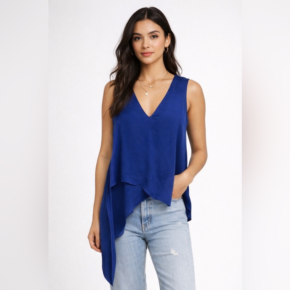 BCBG Max Azria Blue Asymmetrical Sleeveless Top | V-Neck High Low Flowy Blouse
